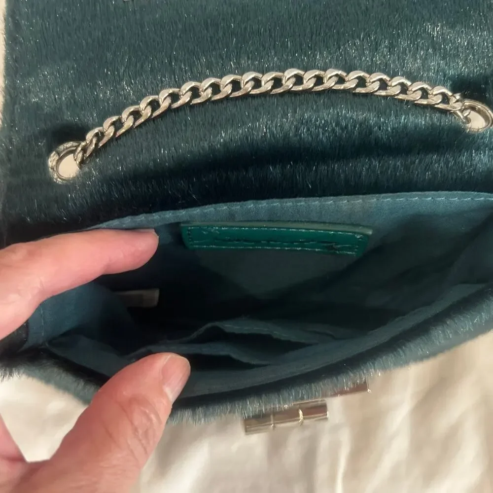 FREE PEOPLE Deep Emerald Green Faux Calf Hair Mini Crossbody Bag Silver Chain